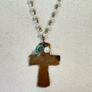 Hammered Metal Cross Necklace Faux Pearl Chain Charms Long Length Gold Tone